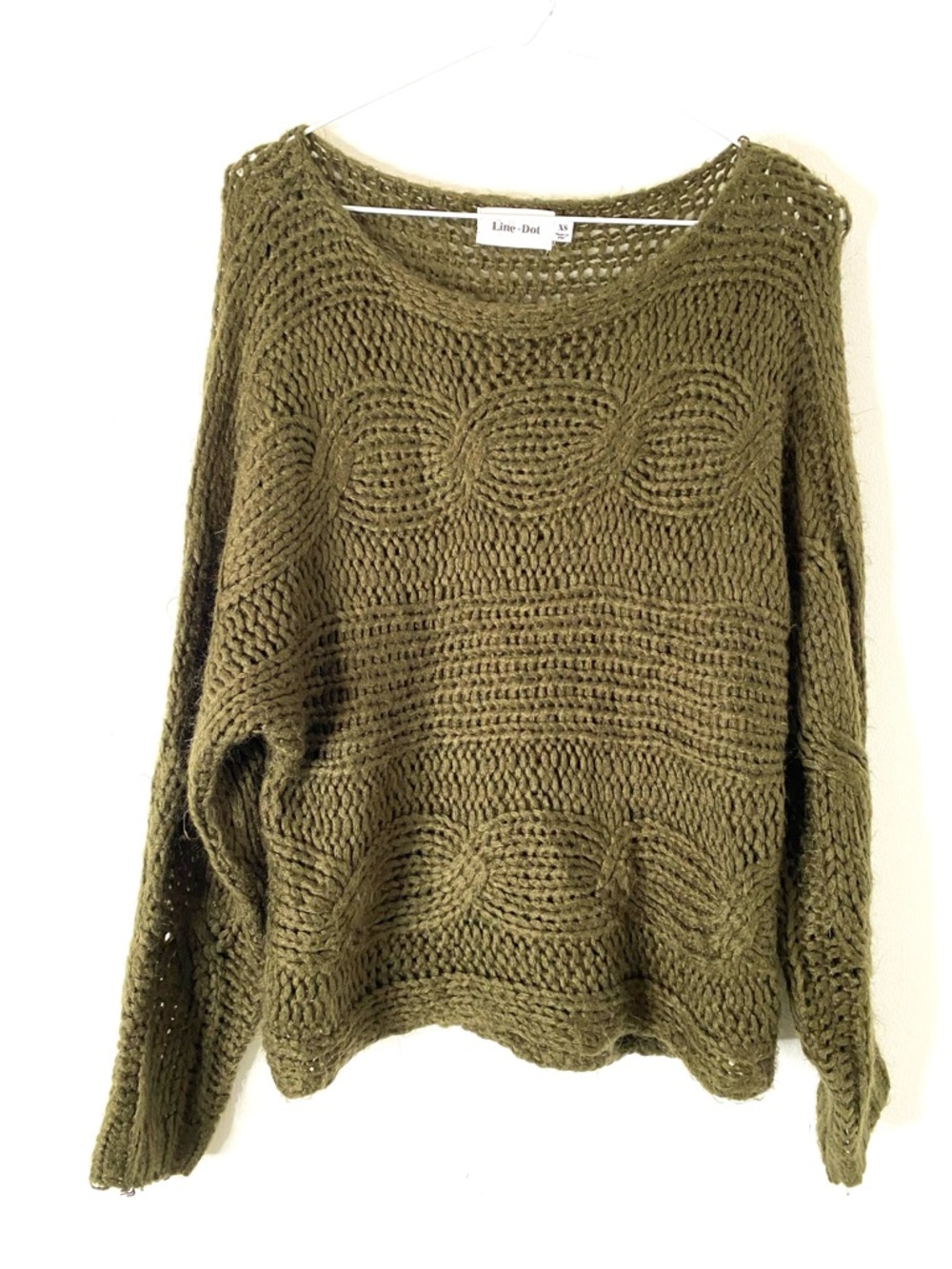Line & Dot Dark Olive Green Open Knit Sweater Oversized Scoop Neck Pullover